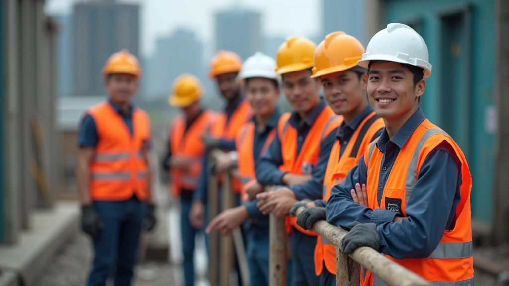 Construction site with diverse team of workers wearing safety gear