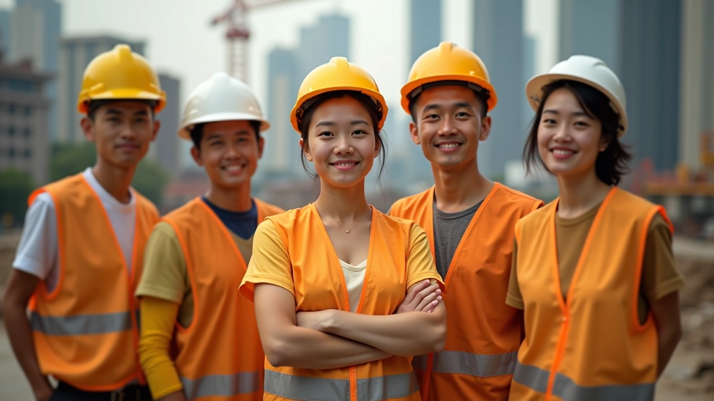 Group of diverse workers in safety gear standing together on construction site