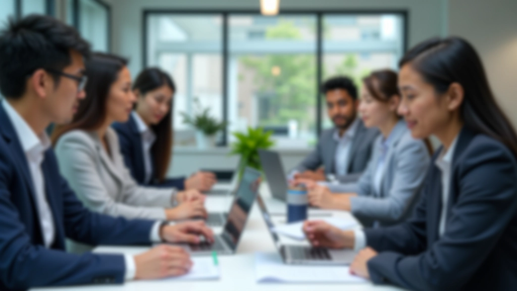 Professional team in modern office setting collaborating on work projects