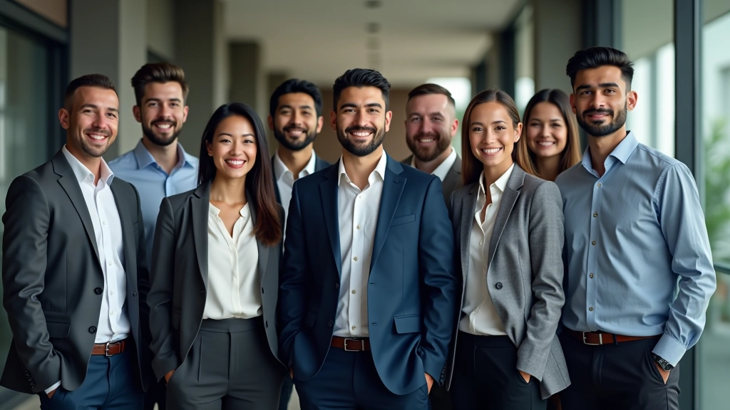 Diverse group of professionals in business casual attire standing together in office