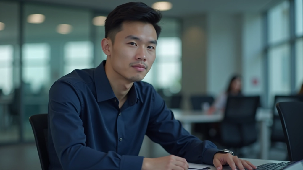 Professional male in business attire at modern office desk looking at computer screen with focused expression
