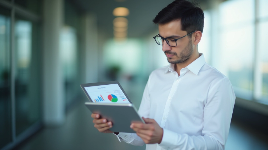 Business professional analyzing data charts and statistics on tablet with graphs showing employment trends