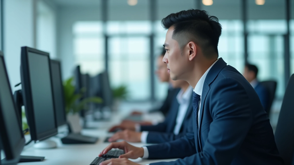 Professional analysts reviewing labour market data on desktop monitors in modern research office
