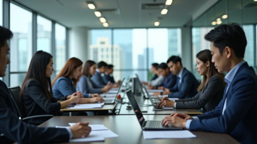 Professional workplace scene with people working at desks with laptops and documents