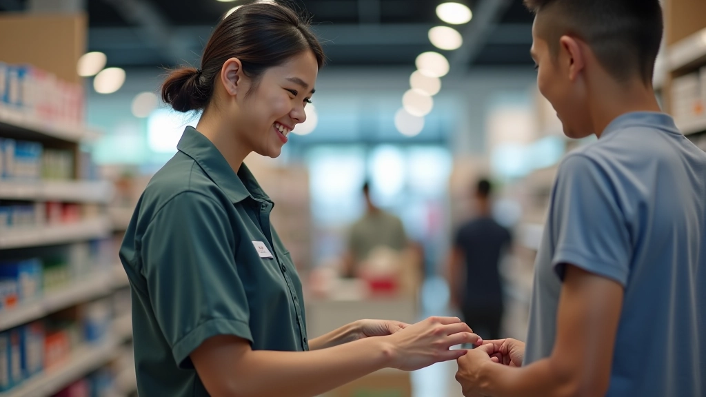 Modern retail store interior with staff member assisting customer