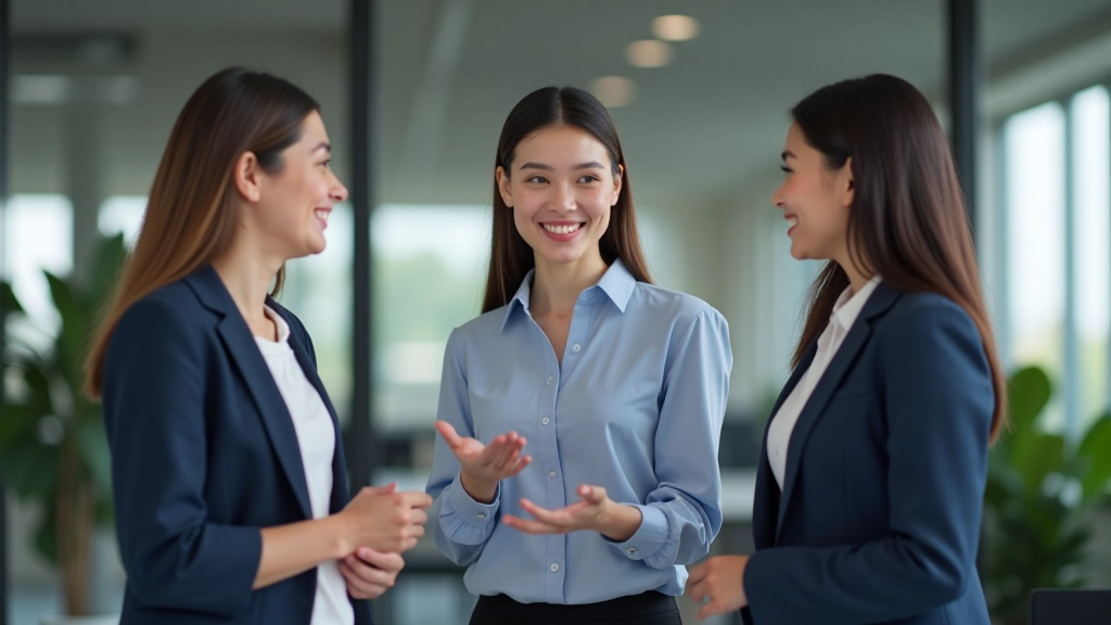 Group of diverse young professionals in casual business attire having discussion in modern office space