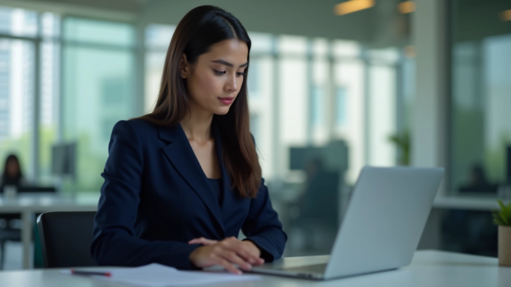 Female professional in office setting working at desk with laptop and documents