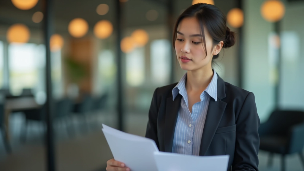 Professional woman looking at resume or job application with thoughtful expression