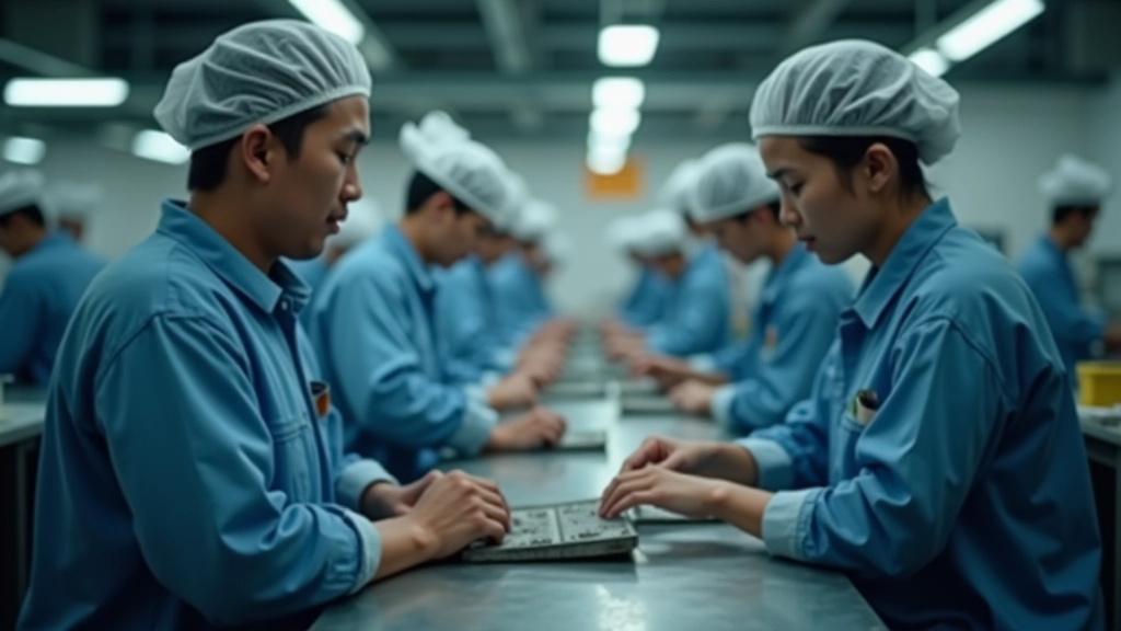 Workers in factory or warehouse environment performing assembly work