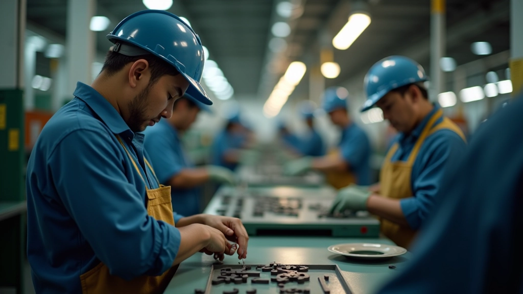 Workers in factory setting working on production line assembly