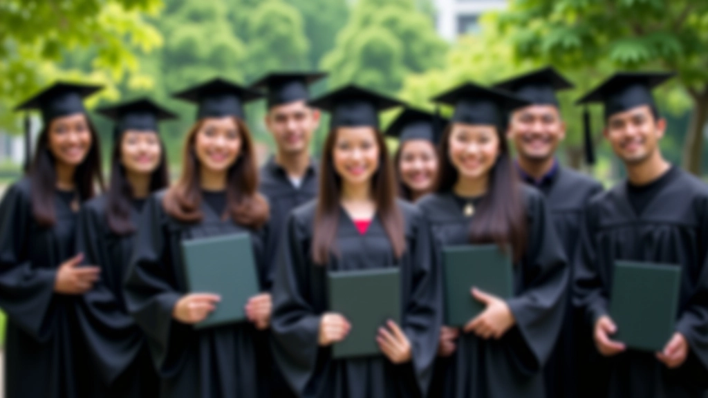 Graduation ceremony scene with graduates in academic robes holding diplomas